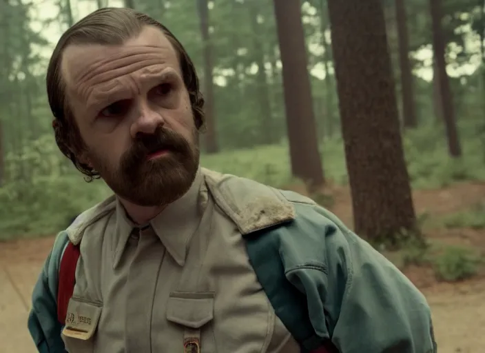 Prompt: film still of!!!!! john dutton!!!!! as jim hopper in the upside down in stranger things, 4 k