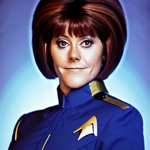 Prompt: a full body photograph of younger elisabeth sladen as a star fleet science officer from star trek next generation, full dress uniform, symmetrical face, extreme realism and detail, 8 k, completely framed, direct lighting, 3 5 mm photo, photorealistic, sharp focus