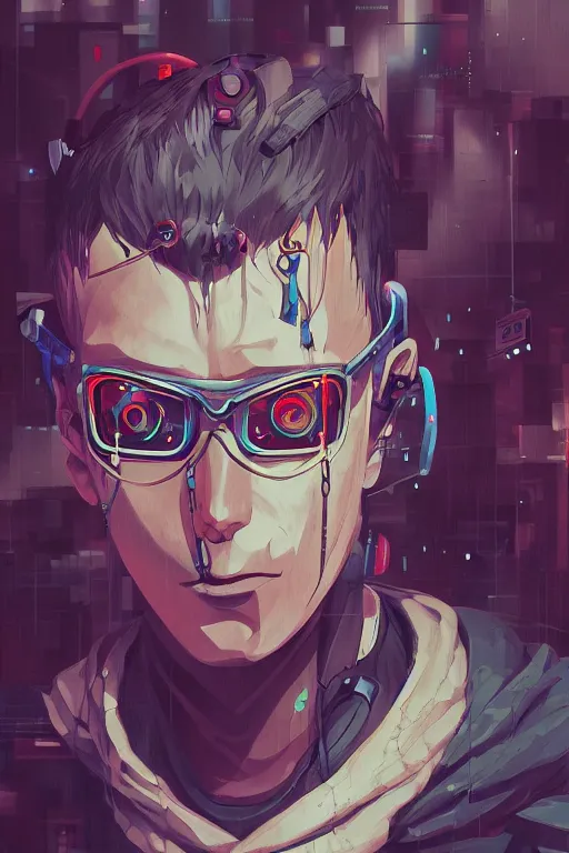 Image similar to abstract portrait, cyberpunk anime hero, floating detailes, very detailed face, dark mood, leaves by miyazaki, colorful palette illustration, kenneth blom, mental alchemy, james jean, pablo amaringo, naudline pierre, contemporary art, hyper detailed