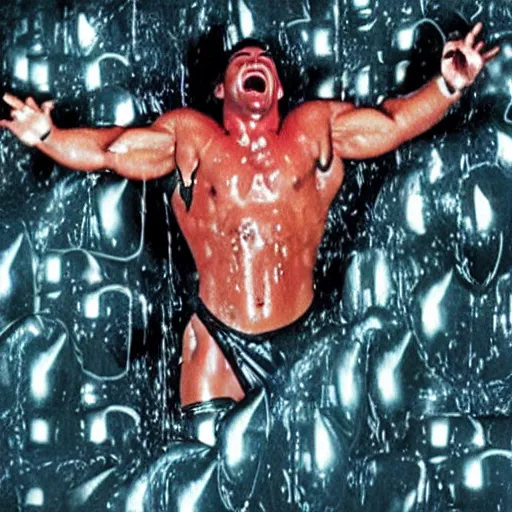 Image similar to 1 9 9 0's wwe publicity photo, a giant muscular covered in wet reflective slime man falling out of a giant cocoon onto a cement floor, screaming in agony, ultra - detailed, photorealistic