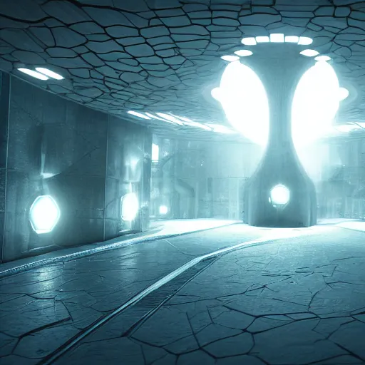 Image similar to underground labyrinth in liminal space, clean, retrofuturism, unreal engine, concept art