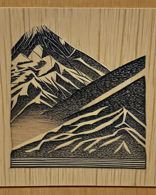 Image similar to an award winning Wood engraving on paper of The Canadian mountains