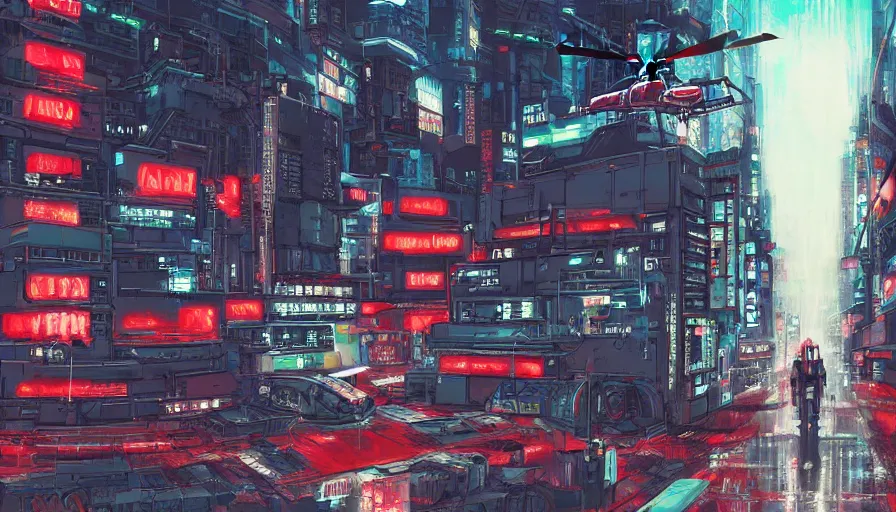 Image similar to Concept Art Painting of neo-Tokyo Maximum Security Mint, in the Style of Akira, Anime, Dystopian, Highly Detailed, Red Building, Helipad, Special Forces Security, Crypto Valut, Helicopter Drones, 19XX