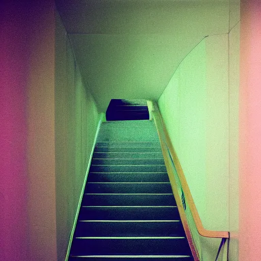 Image similar to noisy color photograph of a retrofuturist liminal space, staircase to the surface, minimalist, creepy, cinematic, soft vintage glow