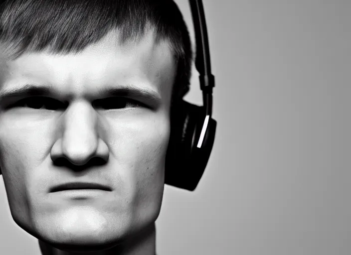 Image similar to headshot of vitalik buterin in headphones. vitalik buterin, perfect symmetric face, coherent eyes, fine details., 4 k, ron cobb, hans zatska