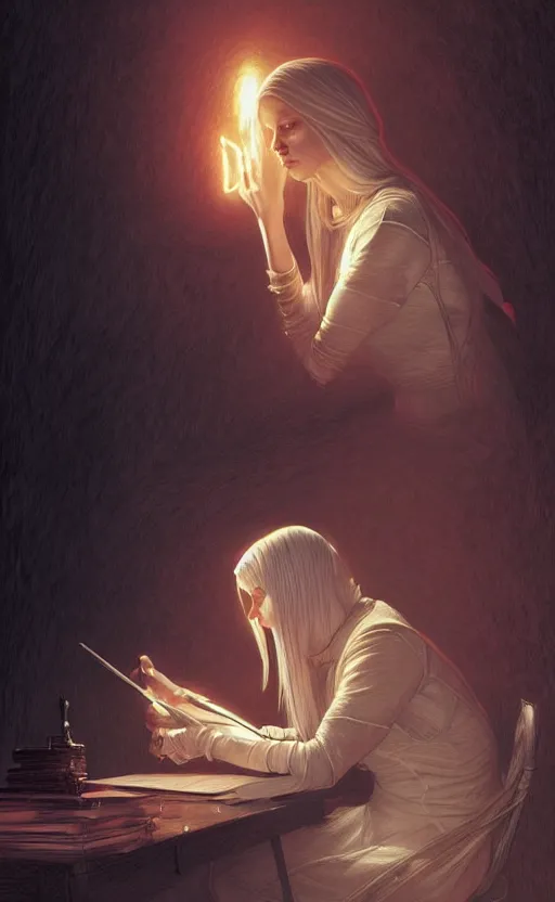 Image similar to portrait of eminem writing in the dark, deep focus, d & d, fantasy, intricate, elegant, highly detailed, digital painting, artstation, concept art, matte, sharp focus, illustration, art by artgerm and greg rutkowski and alphonse mucha