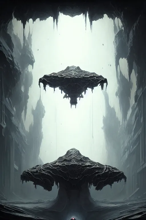 Image similar to professional concept art of a symmetrical fractal ominous floating robotic terrifying thing in a dark room by artgerm and greg rutkowski ( thin white border ). an intricate, elegant, highly detailed digital painting, concept art, smooth, sharp focus, illustration, in the style of cam sykes, wayne barlowe, igor kieryluk.