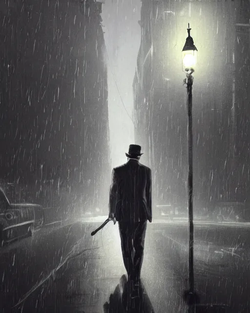 Image similar to a mysterious rugged man in a pinstripe suit holding a pistol in one hand and a briefcase in the other. Raining, street lamps, stormy, atmospheric lighting, mysterious, gloomy. By Makoto Shinkai, Stanley Artgerm Lau, WLOP, Rossdraws, James Jean, Andrei Riabovitchev, Marc Simonetti, krenz cushart, Sakimichan, D&D trending on ArtStation, digital art.