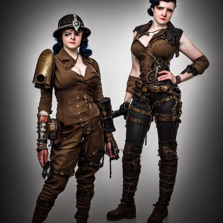 Image similar to full length photo of a very beautiful female dieselpunk warrior, 8 k, hdr, smooth, sharp focus, high resolution, award - winning photo