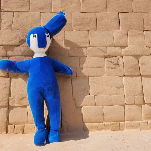 Image similar to blue'snappy gifts'human - sized plush doll, at the pyramids in egypt, holding gift, happy atmosphere, high detail, soft lighting, 8 k