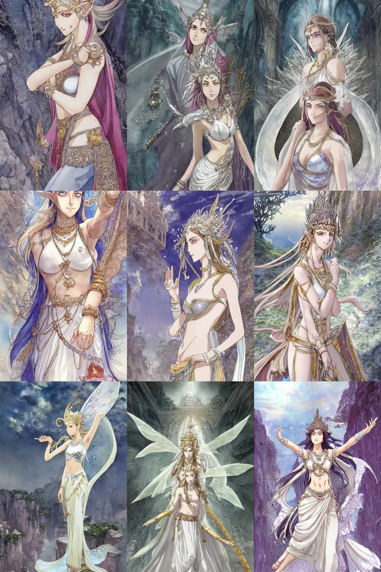 Prompt: Worksafe. Pen and watercolor.Dramatic, cinematic, epic.Fantasy, fairytale.Heavenly Mahabharata gentle saint high elven sorceress fairy princess goddess queen,wearing white luxury bridal bra and jewelry,expressing joy,at huge silver marble palace.By krenz cushart,makoto shinkai and pixiv.Accurately shaped manga face.A very clean image.Bold contour inklines.High contrast and gentle colors.