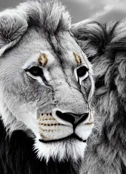 Image similar to very close lion and lioness black and white portrait white sky in background