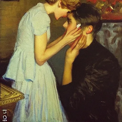 Image similar to Taylor Swift kissing her reflection, 1950s, modest, elegant clothing, tiara, mild impressionism, award winning, by Ilya Repin