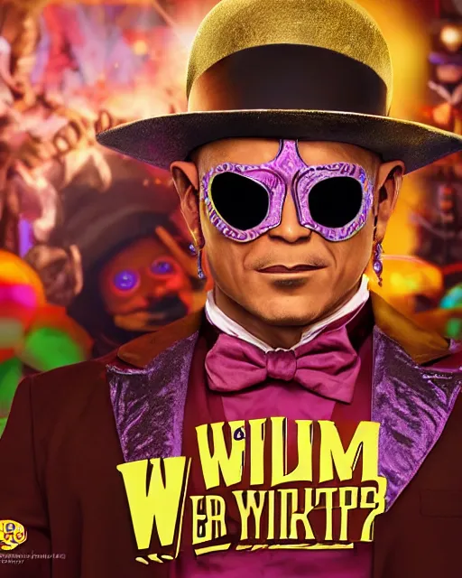 Image similar to Rey Mysterio as Willy Wonka, digital illustration portrait design, detailed, cinematic lighting, dynamic portrait