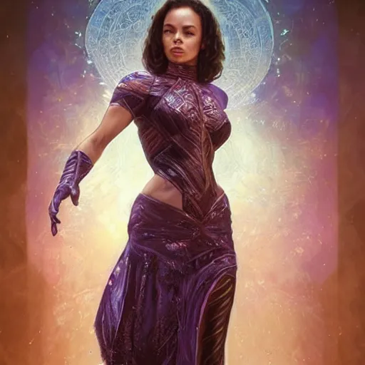 Image similar to full figure ultra realistic illustration, madeleine mantock from charmed second re run, as marvel enchantress, intricate, elegant, highly detailed, digital painting, artstation, concept art, smooth, sharp focus, illustration, art by artgerm and greg rutkowski and alphonse mucha