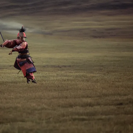 Prompt: HD photo of a samurai sprinting across a field. dynamic pose