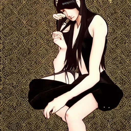 Image similar to photo of lonely young girl エウリン with straight long black hair wearing black dress that sitting on bathroom floor, model エリサヘス ・ セイモア from acquamodels. com, render by artgem and alphonse mucha for capcom co, resident evil