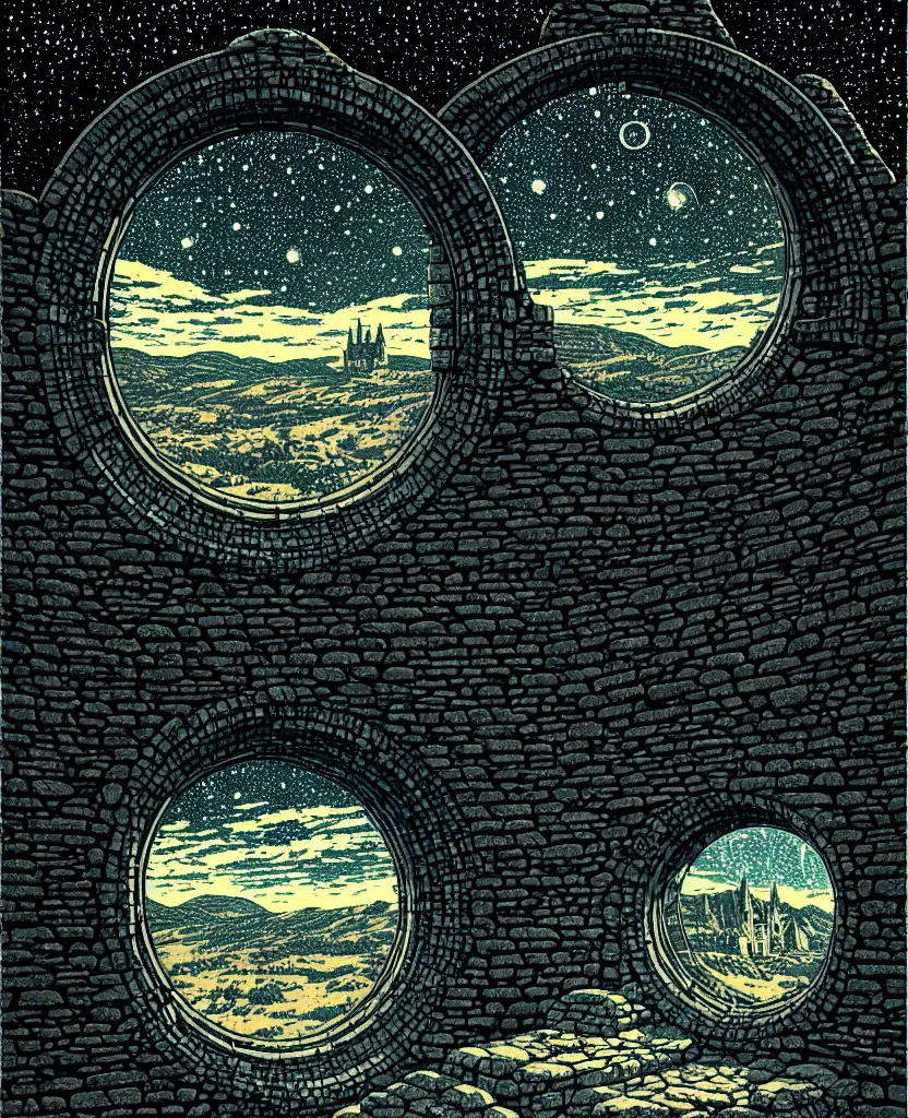 Prompt: stone wall inside of a majestic castle, round window looking out to the starry night sky, high details, intricately detailed, by vincent di fate, inking, 3 color screen print, masterpiece, trending on artstation,, sharp, details, hyper - detailed, hd, 4 k, 8 k