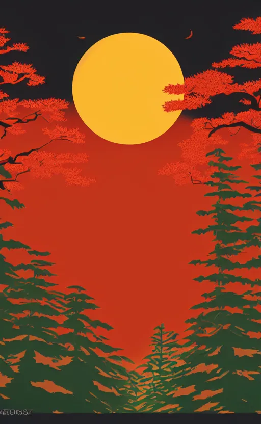 Prompt: hanafuda, a forest of japanese pines, a big red sun in the background, front game card, vector line art, trending on behance, concept art, stunning, matte