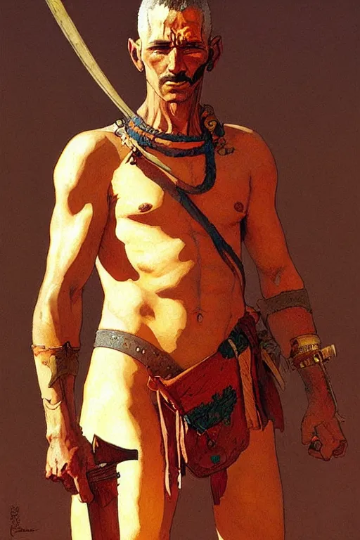 Image similar to warrior, male, character design, painting by jean giraud, greg rutkowski, carl larsson, tom of finland