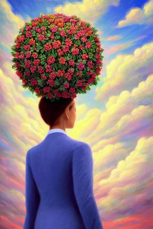 Image similar to closeup, giant flower head, woman in suit, clouds in sky, surreal, impressionist painting, digital painting, artstation, rob gonsalves