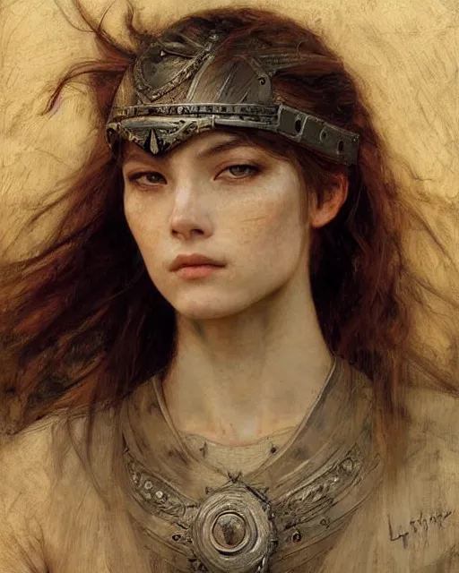 Image similar to a beautiful and strong female warrior by Edgar Maxence, Ross Tran and Jules Bastien-Lepage and Laura Sava