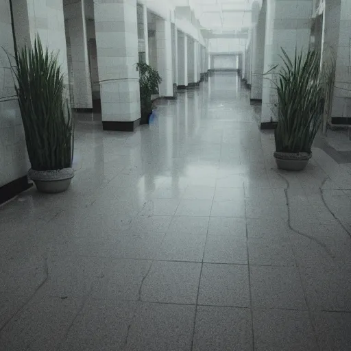 Prompt: Beautiful cameraphone 2000s, soft liminal Photograph of foggy abandoned mall with water on the floor plants growing