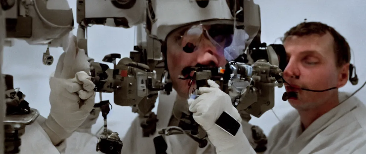 Image similar to filmic extreme close up shot movie still 4 k uhd interior 3 5 mm film color photograph of a scientist putting his hands into the mouth of a camouflaged solder in a lab in antarctica