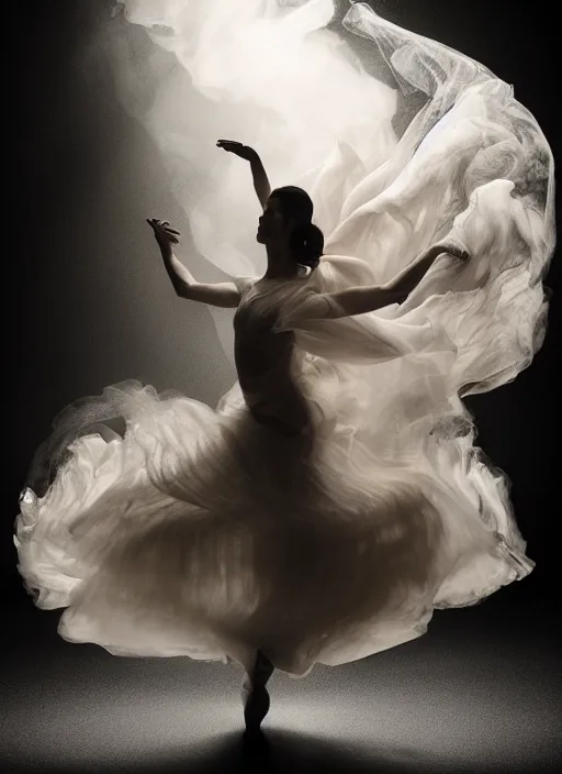 Image similar to a Photorealistic dramatic hyperrealistic render of a beautiful Female smoke dancer by Ken Brower and Deborah Ory of NYC Dance project,Lois Greenfield,Flowing cloth and smoke,Beautiful dynamic dramatic dark moody lighting,volumetric,shadows,cinematic atmosphere,Octane render,8K