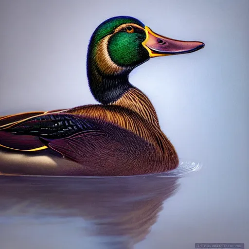 Image similar to hyperrealistic mixed media high resolution painting of a mallard with proportional human extremities, stunning 3d render inspired art by István Sándorfi and Greg Rutkowski, perfect symmetry, dim volumetric lighting, 8k octane beautifully detailed render, post-processing, extremely hyper-detailed, intricate, epic composition, highly detailed attributes, highly detailed atmosphere, cinematic lighting, masterpiece, trending on artstation, very very detailed, masterpiece, stunning, flawless structure, lifelike texture, perfection,