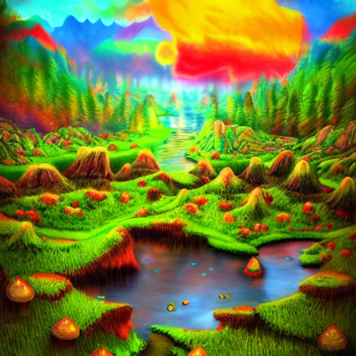 Image similar to psychedelic mushroom kingdom, dmt, landscape, river, trending on artstation, detailed, realistic, photo