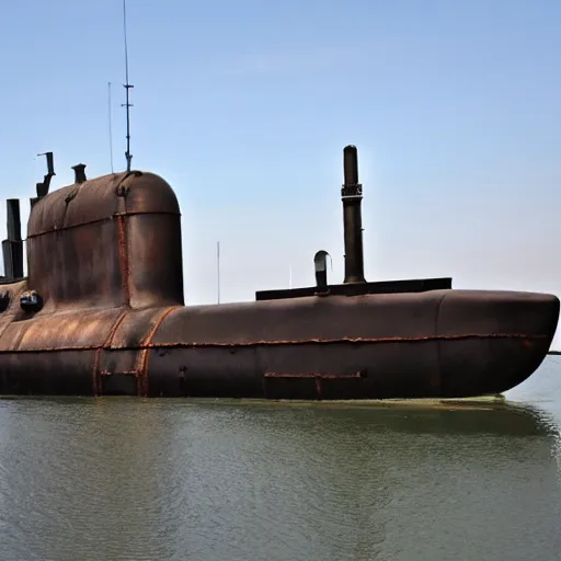 Image similar to Colour photo of steampunk submarine at dry dock