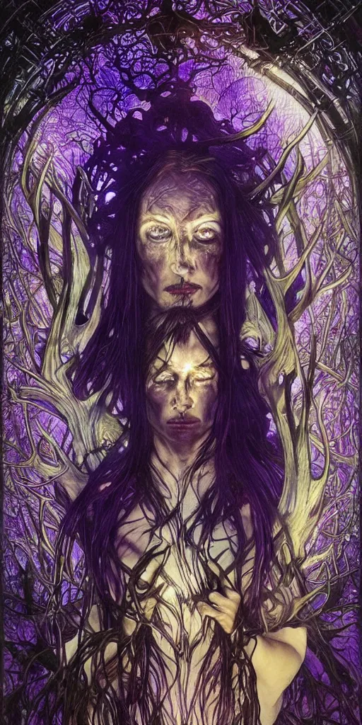 Image similar to intense roaring glowing black metal pagan god with antlers and veins and intense glowing eyes in very dark cosmic space by karol bak and artgerm and alphonse mucha, portrait, fantasy, clear, light beams, lens flare, intense, uhd, amazing depth, cinematic lighting, purple and violet and indigo and blue