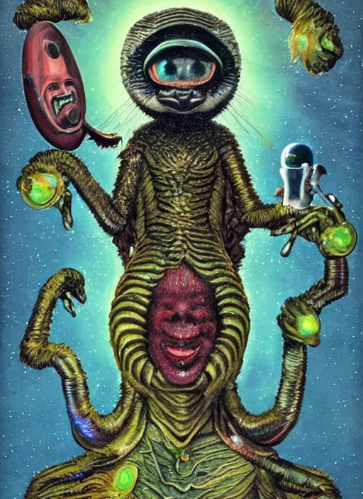 Image similar to portrait of humanoid raccoon surfer made of mycelium and iridescent scales, amanita muppet punk, basil wolverton, r crumb, hr giger, dali