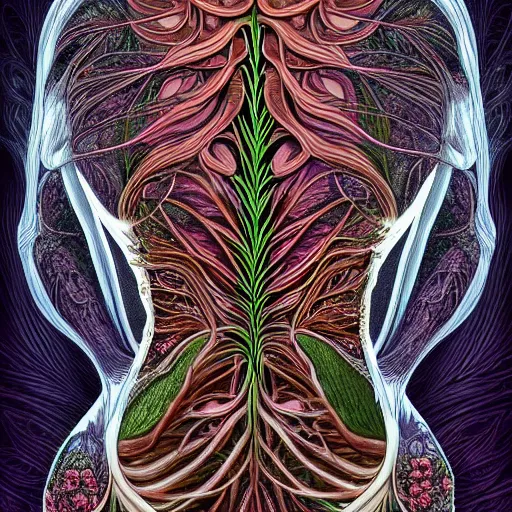 Prompt: a beautiful detailed photo of a rotten woman corpse morphing into fractal plants and fractal flowers and mushrooms, muscles, veins, anatomical, intricate, ornate, volumetric light, beautiful lit, alex grey