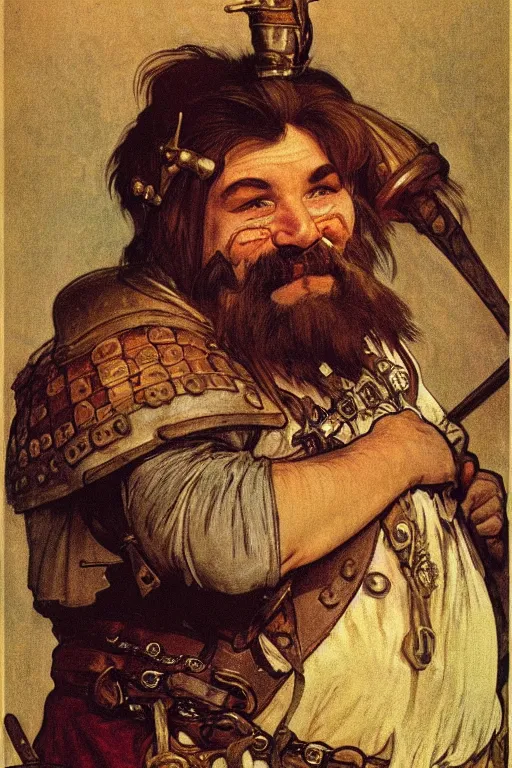 Image similar to head and shoulders portrait in a tavern of a dwarf adventurer, jovial, scarred lip, grandfatherly, leather armor, male, high fantasy, d & d, by alphonse mucha, face details, extremely detailed, vogue magazine photo