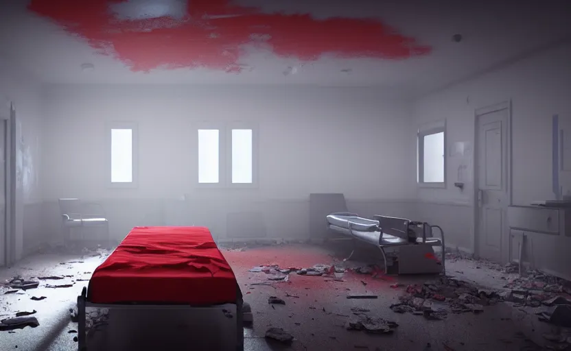 Image similar to an abandoned hospital room with red ceiling lighting and several blue lights on the walls, gloomy and foggy atmosphere, octane render, artstation trending, horror scene, highly detailded