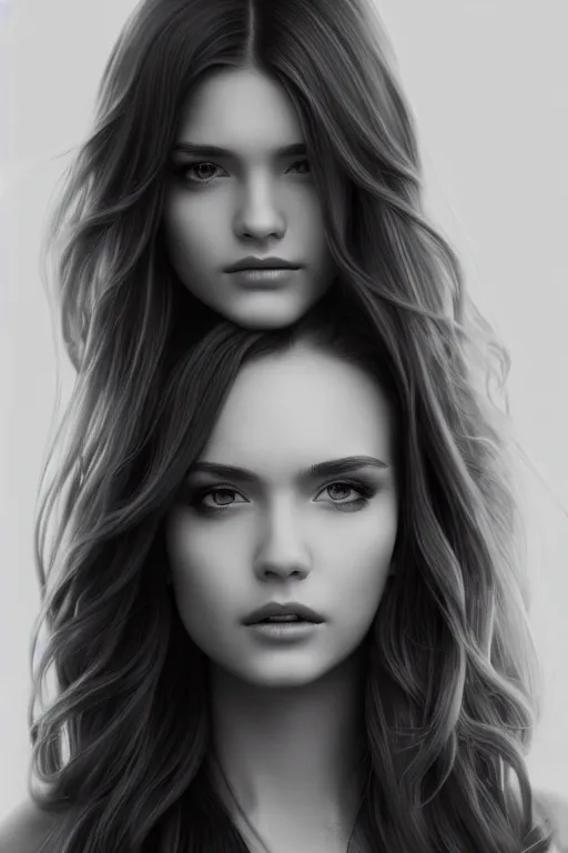 Image similar to full body portrait of a beautiful young woman in black and white, photorealistic, hair down to waist, sharp focus, in the style of Kevin Kostic, Stephen Lau and artgerm, hyper sharp focus, 8k highly detailed