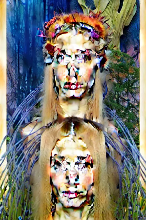 Prompt: realistic detailed face portrait painting of a beautiful hailey bieber with blond hair with sci-fi headwear, futuristic sci-fi forest on background by Jean Delville, Amano, Yves Tanguy, Alphonse Mucha, Edward Robert Hughes, Roger Dean, moebius, hilma af klint, rich moody colours, blue eyes