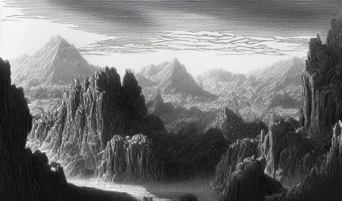 Image similar to a beautiful landscape. engraving by gustave dore, kentaro miura. extremely high details, masterpiece, artstation contest winner