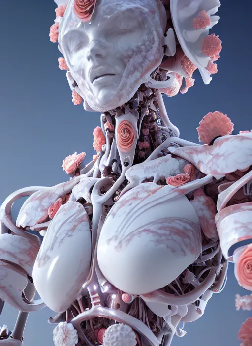 Image similar to biomechanical white yoga room made of corals, daisies, roses, well contoured smooth fair walls with marble statue, up close shot, sharp focus, global illumination, radiant light, alexandre ferra white mecha, irakli nadar, octane highly render, 4 k, ultra hd,