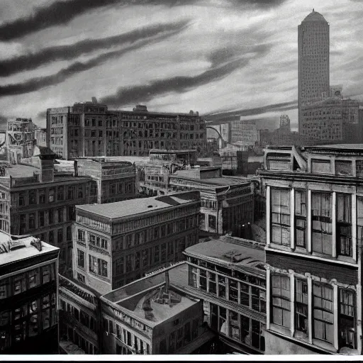 Prompt: full color ultra realistic photo of a balcony view of 1 9 2 5 boston downtown with a broken and distorted sky, dark, brooding, night, atmospheric, ultra - realistic, smooth, highly detailed