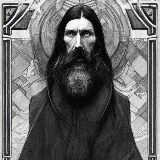 Image similar to amazing lifelike award winning pencil illustration of Rasputin trending on art station artgerm Greg rutkowski alphonse mucha intense dark eyes cinematic