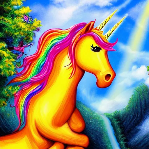 Prompt: ''A colorful unicorn on a beautiful fantasy landscape, hills, mountains, sunlight, HD, illustration, epic''