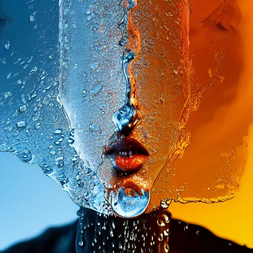 Image similar to water splashes forming a shape of a human head, water manipulation art, ray tracing, realistic water sharp focus, long shot, 8 k resolution, cinematic