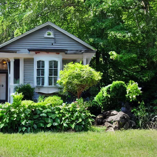 Prompt: a cottage with a lush front yard, with a weird creature