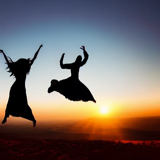 Prompt: cinematic still of silhouette of woman in Biblical clothing jumping for joy, beautiful middle eastern landscape with sunrise behind, Biblical epic movie directed by Steven Spielberg