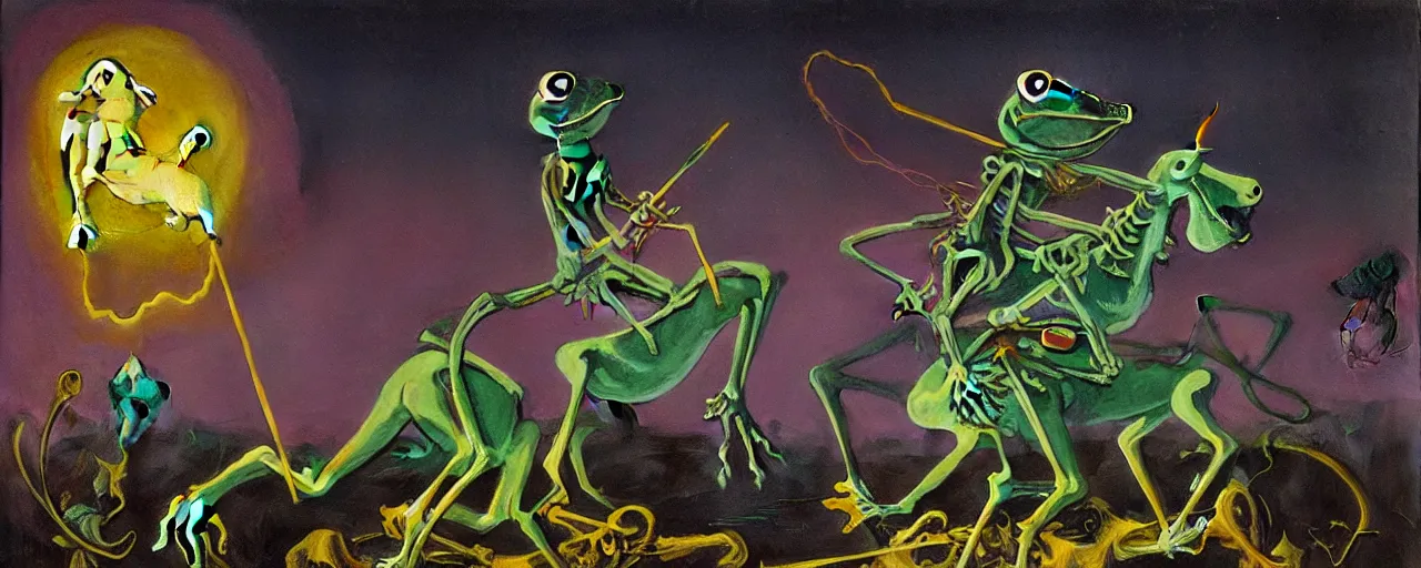 Prompt: muppet frog horseman riding a glowing baroque unicorn skeleton in foggy dark landscape, in style of tarot card, painting by neo rauch, part by adrian ghenie and daniel richter, in color palette of francis bacon, eerie, mystical, sublime