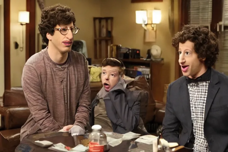 Prompt: a cinematic still SNL skit ((andy samberg)), dear sister