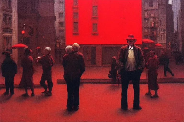 Image similar to only with red, a red old man try to sell a portrait, a crowd cheering, in a city square, in the style of beksinski, parts by edward hopper, parts by rodcenko, parts by yue minjun, intricate and epic composition, red by caravaggio, insanely quality, highly detailed, masterpiece, red light, artstation, 4 k